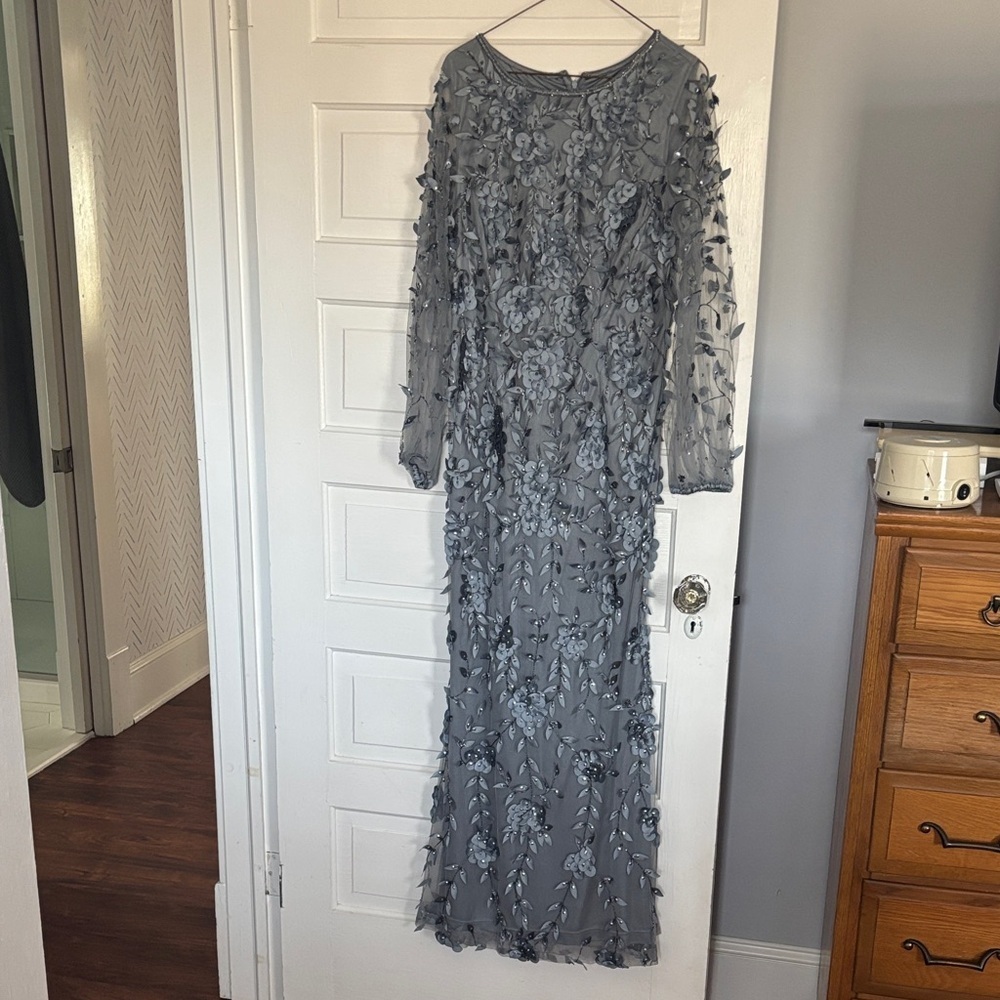 Theia Slate Blue Long Sleeve Floral Appliqué Illusion Sleeve Gown